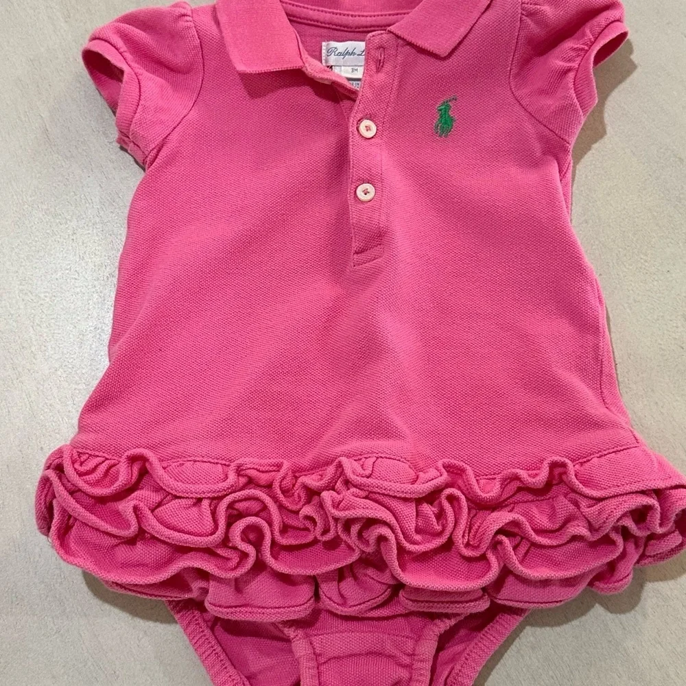 Ralph Lauren Pink Baby Polo Dress with Ruffles and matching Bloomers.